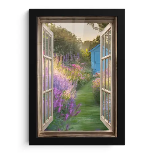Doorkijk - Bloemen - Raam - Natuur fotolijst zwart zonder passe partout klein -3d