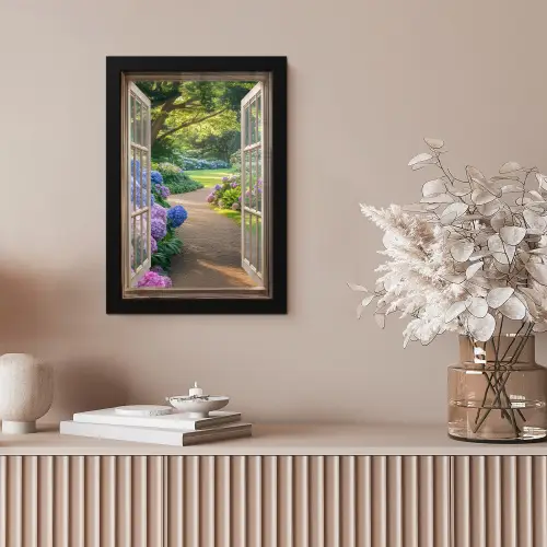 Doorkijk - Tuin - Raam - Hortensia - Bloemen fotolijst zwart zonder passe partout klein -sfeer5