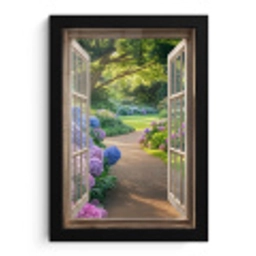Doorkijk - Tuin - Raam - Hortensia - Bloemen fotolijst zwart zonder passe partout klein -3d