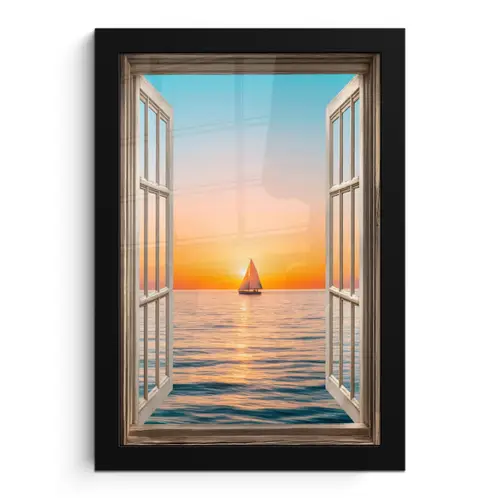 Doorkijk - Zee - Boot - Zonsondergang fotolijst zwart zonder passe partout klein -3d