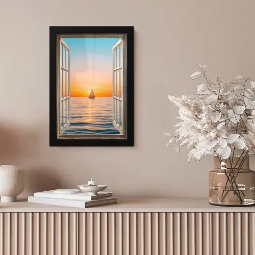 Doorkijk - Zee - Boot - Zonsondergang fotolijst zwart zonder passe partout klein -sfeer5