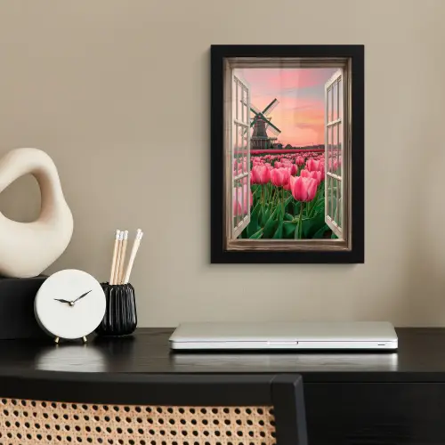 Doorkijk - Tulpen - Bloemen - Molen - Raam fotolijst zwart zonder passe partout klein -sfeer1