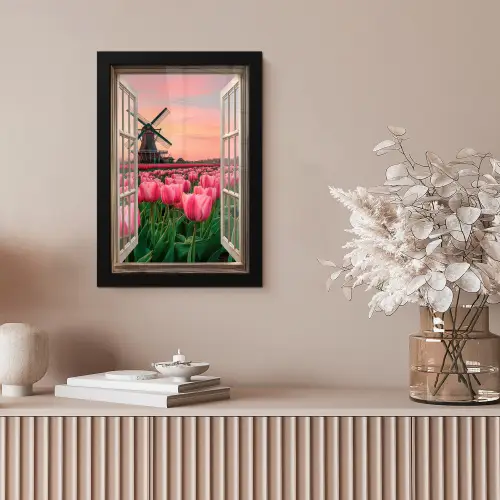 Doorkijk - Tulpen - Bloemen - Molen - Raam fotolijst zwart zonder passe partout klein -sfeer5