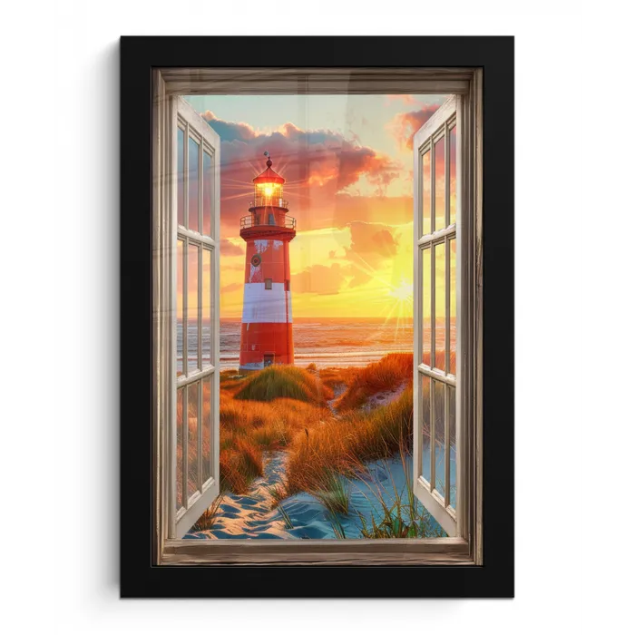 Doorkijk - Raam - Vuurtoren - Zonsondergang - Strand fotolijst zwart zonder passe partout klein -3d