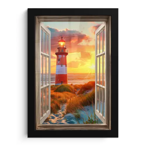 Doorkijk - Raam - Vuurtoren - Zonsondergang - Strand fotolijst zwart zonder passe partout klein -3d