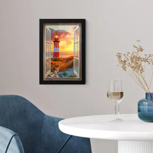 Doorkijk - Raam - Vuurtoren - Zonsondergang - Strand fotolijst zwart zonder passe partout klein -sfeer4