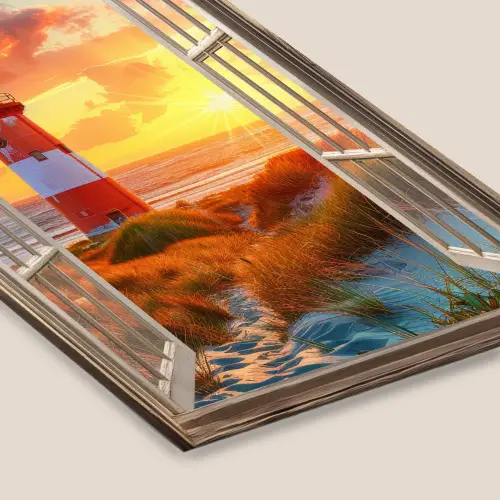 Doorkijk - Raam - Vuurtoren - Zonsondergang - Strand fotolijst zwart zonder passe partout klein -zsfeer6