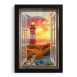 Doorkijk - Raam - Vuurtoren - Zonsondergang - Strand fotolijst zwart zonder passe partout klein -3d