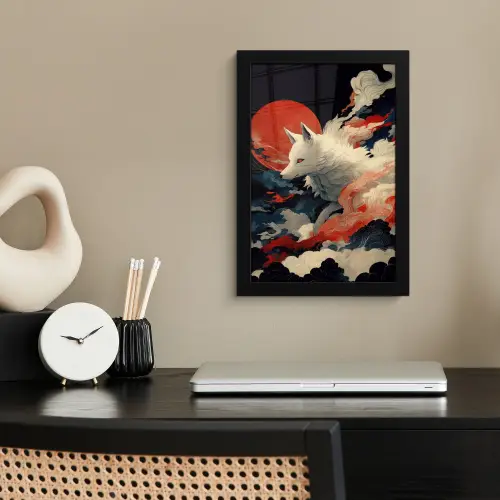 Witte vos - wolken - maan fotolijst zwart zonder passe partout klein -sfeer1