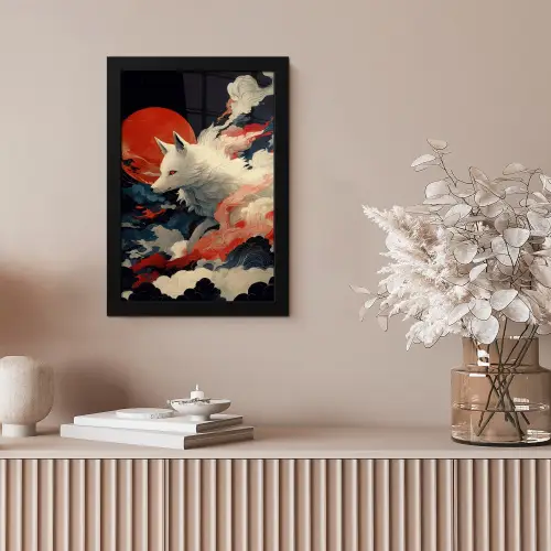 Witte vos - wolken - maan fotolijst zwart zonder passe partout klein -sfeer5
