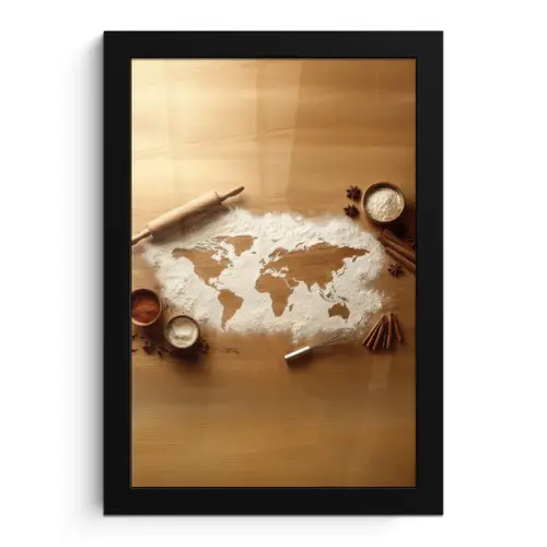 Hout - Wereldkaart - Bakken - Keuken fotolijst zwart zonder passe partout klein -3d