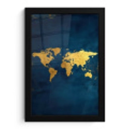 Wereldkaart - Goud - Donkerblauw fotolijst zwart zonder passe partout klein -3d