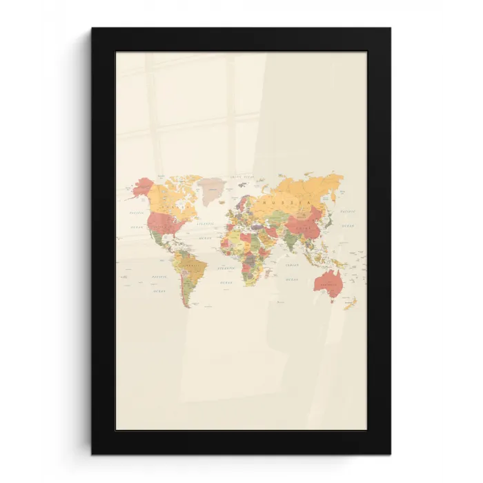 Wereldkaart - Realistisch - Beige fotolijst zwart zonder passe partout klein -3d