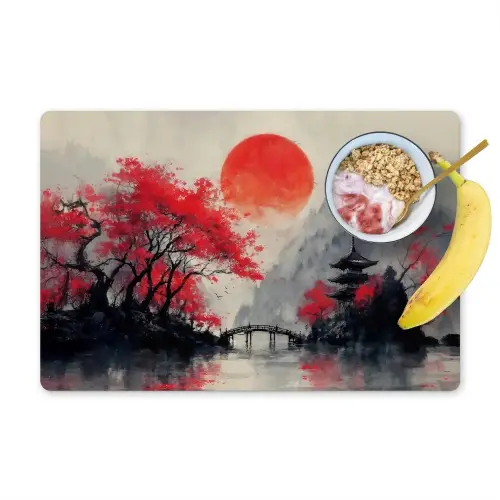 Rode zon - Rivier - brug - Bomen Placemat vinyl groot -zzzproduct_Kitchenyeah-website