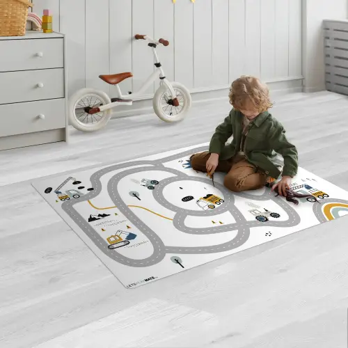 Bouwplaats - Graafmachine - Auto - Regenboog - Design Speelmat klein -sfeer2