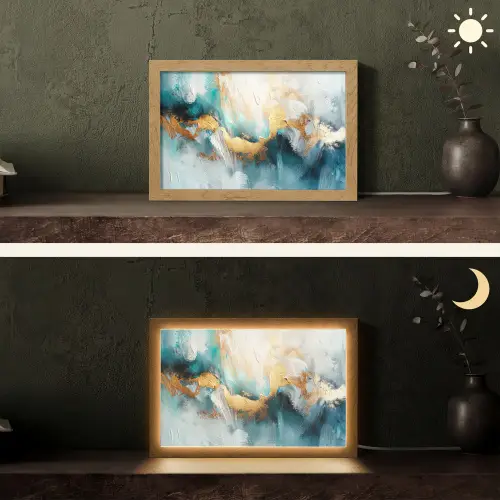 Abstract - Kunst - Gold - Blauw Light Box met kabel (Tafellamp) klein -sfeer3