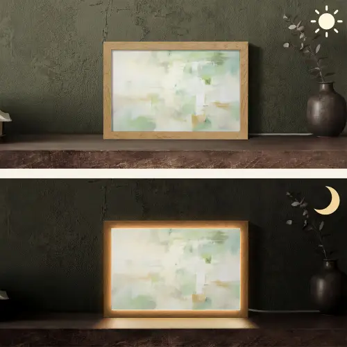 Abstract - Kunst - Wit - Groen - Modern Light Box met kabel (Tafellamp) klein -sfeer3