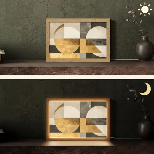 Abstract - Goud - Grijs - Vormen - Geometrisch Light Box met kabel (Tafellamp) klein -sfeer3