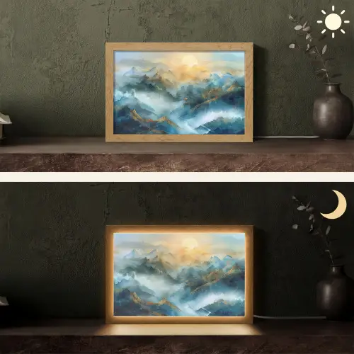Abstract - Landschap - Bergen - Blauw - Modern Light Box met kabel (Tafellamp) klein -sfeer3