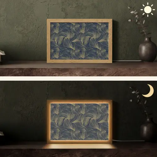 Abstract - Lijnen - Blauw - Goud Light Box met kabel (Tafellamp) klein 924 -sfeer3