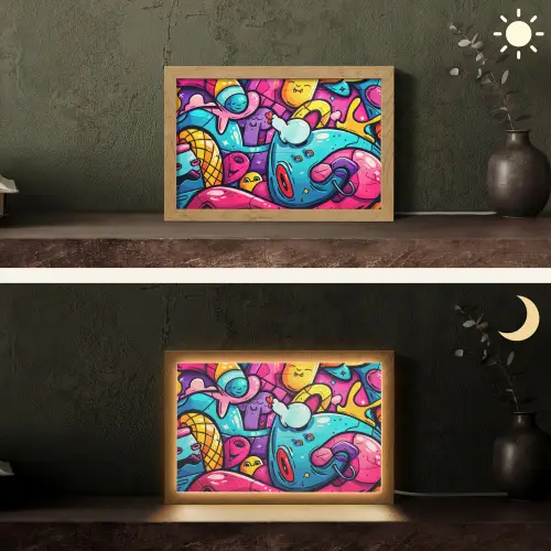 Abstract - Neon - Design - Kleurrijk - Graffiti Light Box met kabel (Tafellamp) klein -sfeer3