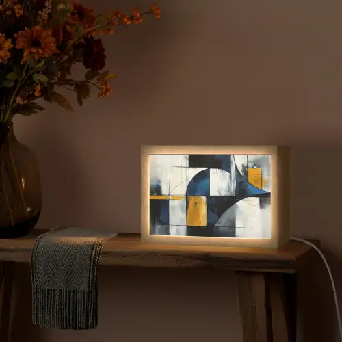 Abstract - Vormen - Goud - Blauw - Geometrisch Light Box met kabel (Tafellamp) klein -sfeer4