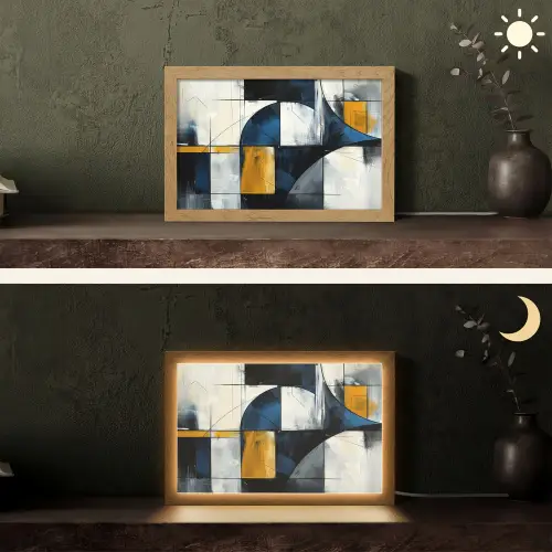 Abstract - Vormen - Goud - Blauw - Geometrisch Light Box met kabel (Tafellamp) klein -sfeer3
