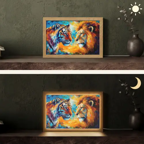 Dieren - Kunst - Leeuw - Tijger Light Box met kabel (Tafellamp) klein -sfeer3