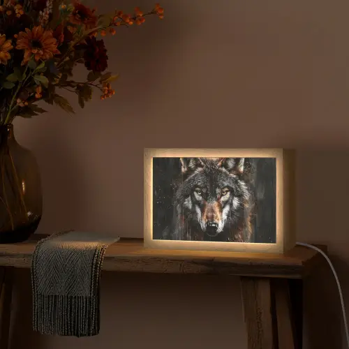 Dieren - Wolf - Portret - Zwart - Bruin Light Box met kabel (Tafellamp) klein -sfeer4