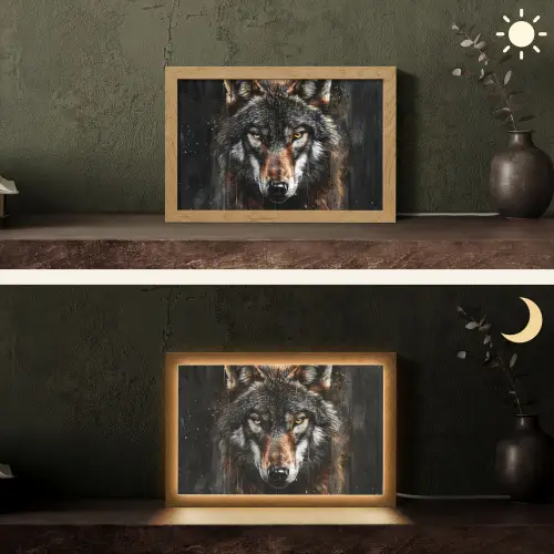 Dieren - Wolf - Portret - Zwart - Bruin Light Box met kabel (Tafellamp) klein -sfeer3