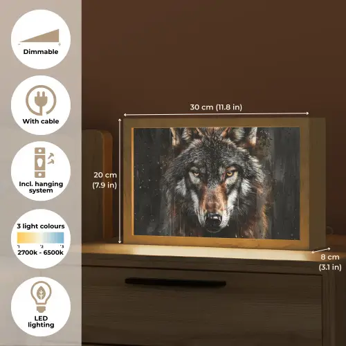 Dieren - Wolf - Portret - Zwart - Bruin Light Box met kabel (Tafellamp) klein -USP_EN