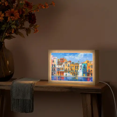 Architectuur - Kleurrijk - Kunst - Modern Light Box met kabel (Tafellamp) klein -sfeer4