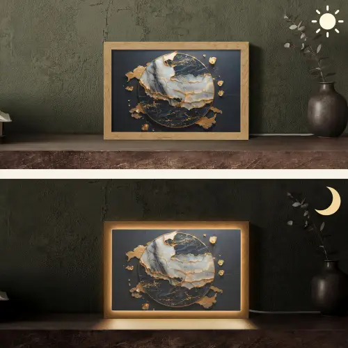 Kunst - Goud - Zwart - Modern - Abstract Light Box met kabel (Tafellamp) klein -sfeer3