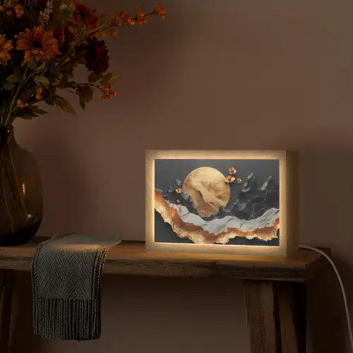 Kunst - Goud - Modern - Abstract Light Box met kabel (Tafellamp) klein -sfeer4