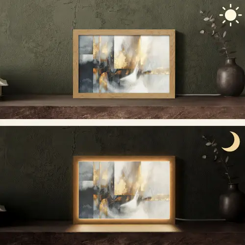 Kunst - Goud - Zilver - Abstract Light Box met kabel (Tafellamp) klein -sfeer3
