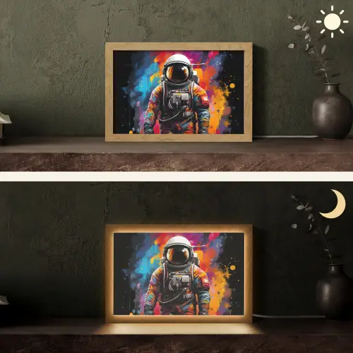 Astronaut - Graffiti - Zwart - Kleuren Light Box met kabel (Tafellamp) klein -sfeer3