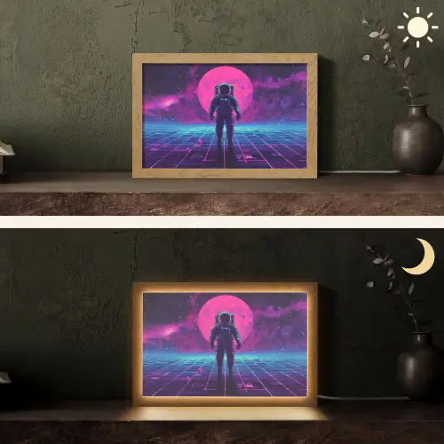 Astronaut - Maan - Roze - Sterrennevels Light Box met kabel (Tafellamp) klein -sfeer3