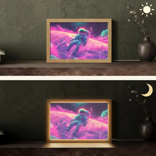 Astronaut - Neon - Roze - Wolken Light Box met kabel (Tafellamp) klein -sfeer3