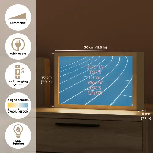 Atletiekbaan - Blauw - Tekst -Roze Light Box met kabel (Tafellamp) klein -USP_EN