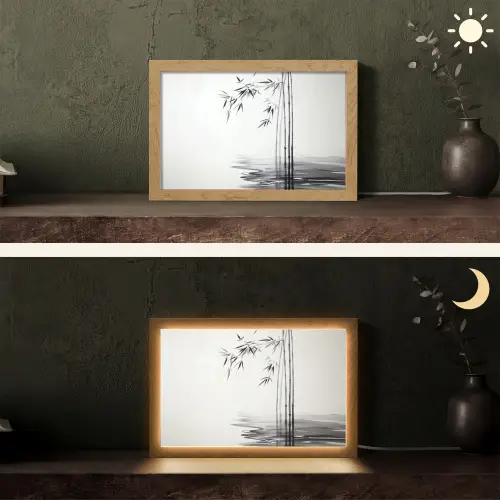 Bamboestammen - Water - Minimalistisch - Wit Light Box met kabel (Tafellamp) klein -sfeer3