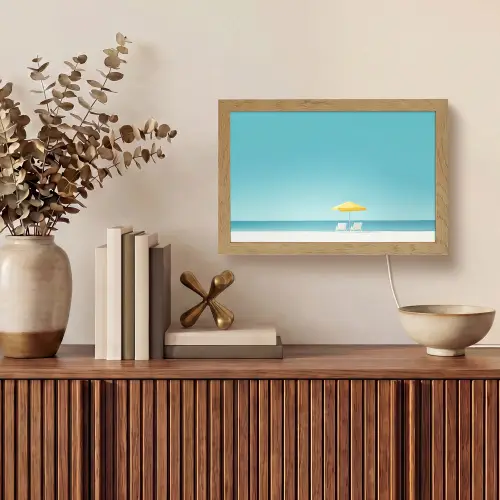 Strand - Blauwe lucht - Geel - Parasol Light Box met kabel (Tafellamp) klein -sfeer2