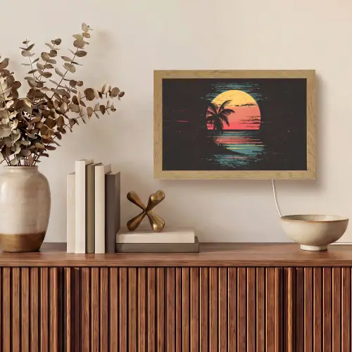 Strand - Minimalistisch - Zon - Oranje Light Box met kabel (Tafellamp) klein -sfeer2