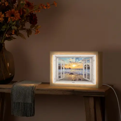Strand - Doorkijk - Zonsondergang - Landschap - Zee - Natuur Light Box met kabel (Tafellamp) klein -sfeer4