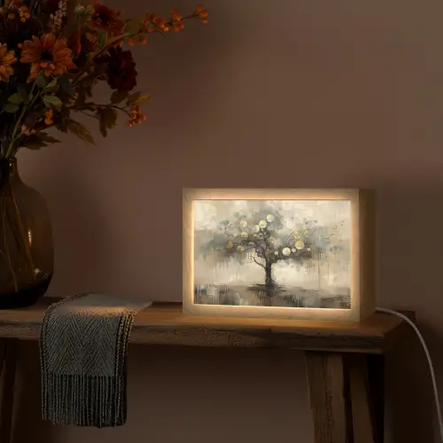 Beige - Abstract - Boom - Goud Light Box met kabel (Tafellamp) klein -sfeer4