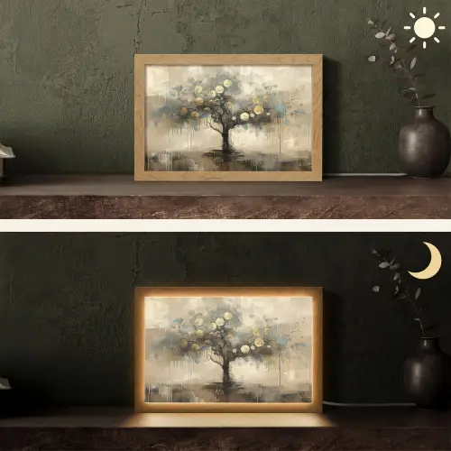 Beige - Abstract - Boom - Goud Light Box met kabel (Tafellamp) klein -sfeer3