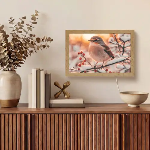 Vogel - Tak - Winter - Dieren - Sneeuw Light Box met kabel (Tafellamp) klein -sfeer2