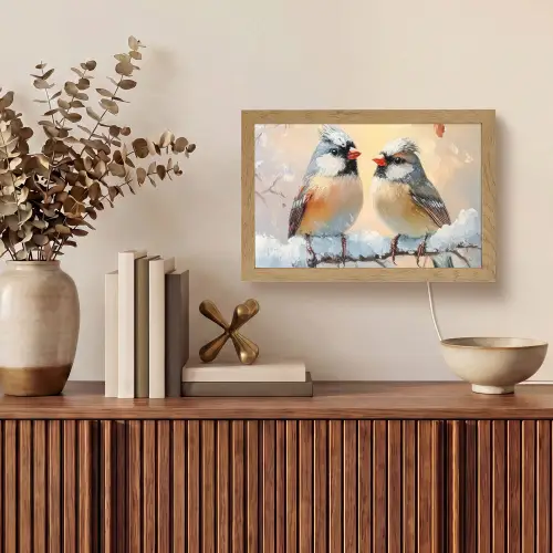 Vogels - Tak - Winter - Sneeuw Light Box met kabel (Tafellamp) klein -sfeer2