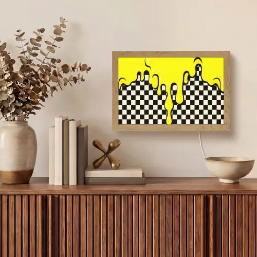Geblokt - Grafisch - Vloeistof - Geel Light Box met kabel (Tafellamp) klein -sfeer2