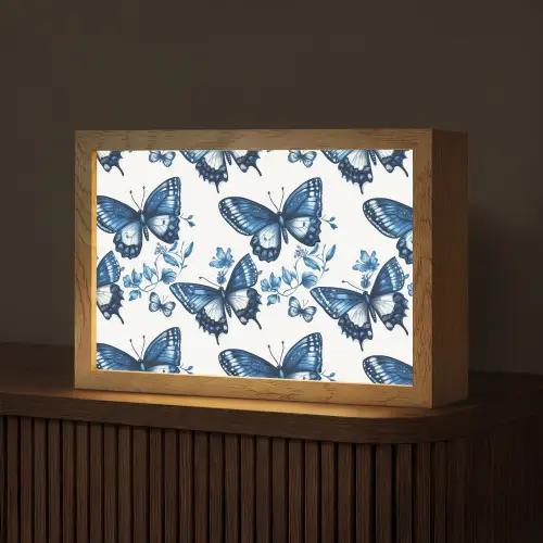 Blauw - Vlinders - Bloemen - Wit Light Box met kabel (Tafellamp) klein 924 -z3d_website