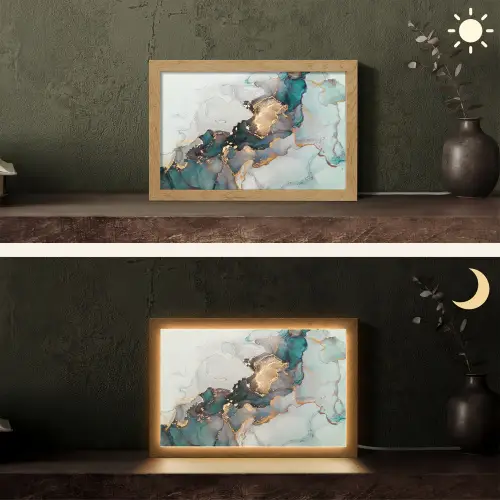 Marmer print - Goud - Blauw Light Box met kabel (Tafellamp) klein -sfeer3